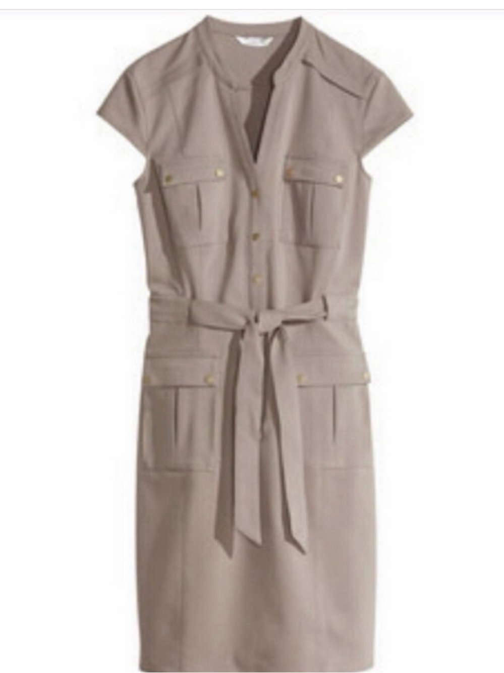 H&M Taupe Utility Shirt Mini Dress with Tie Belt & Cap Sleeves Size 8